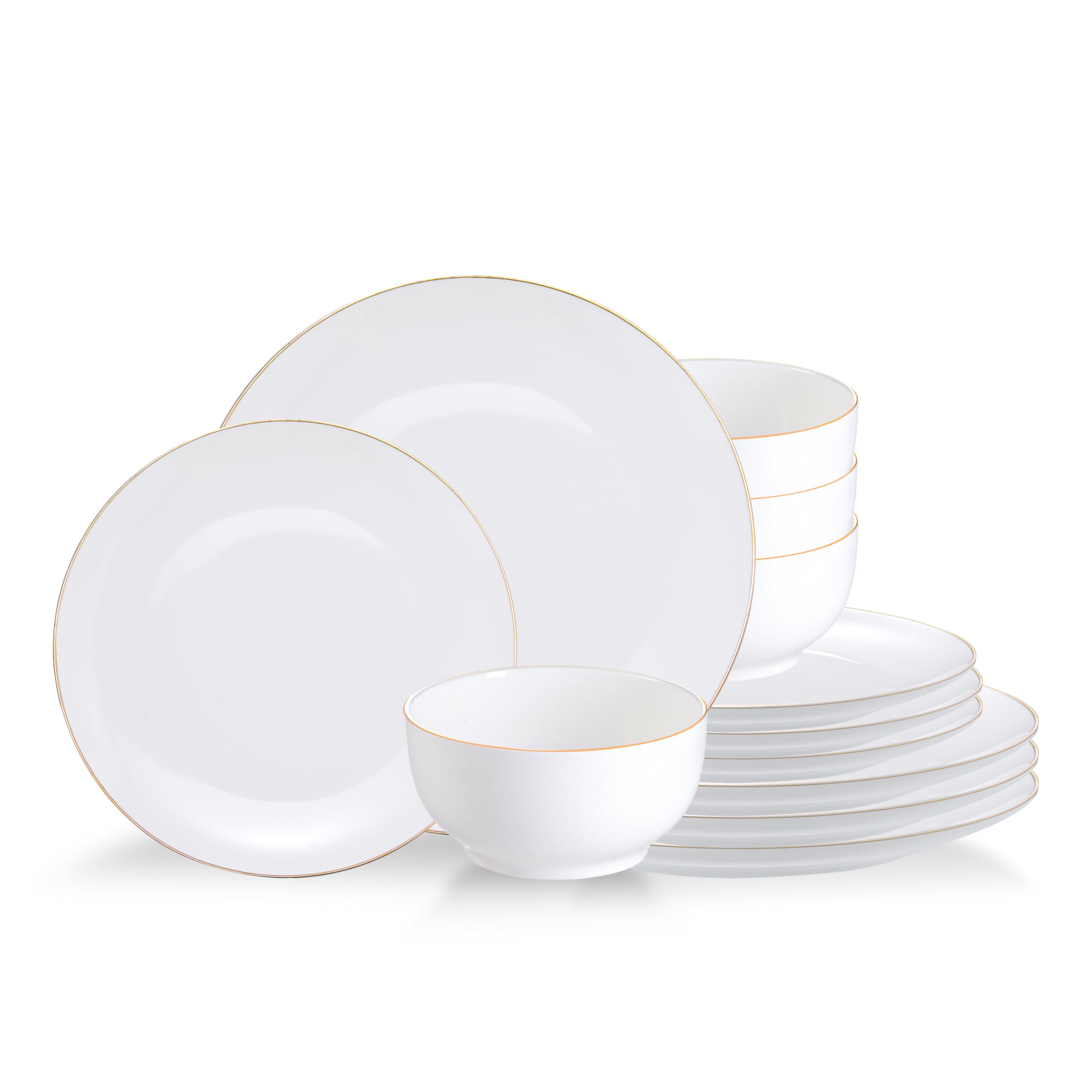Photo 1 of Denique Pars 12 Piece White Golden Rim Ceramic Dinnerware Set - Box of 4 Bowls, 4 Small plates & 4 Large Plates - Reactive Glaze Porcelain Dishware - Modern design - Stackable