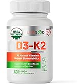 LIVEGOOD Organic D3 K2 Supplement 2000 IU, Vegan Capsules with MK-7, Pure Vitamin D3 with K2 for Immune, and Bone Support Made in The USA Organic D3 K2 Formula (60 Count)