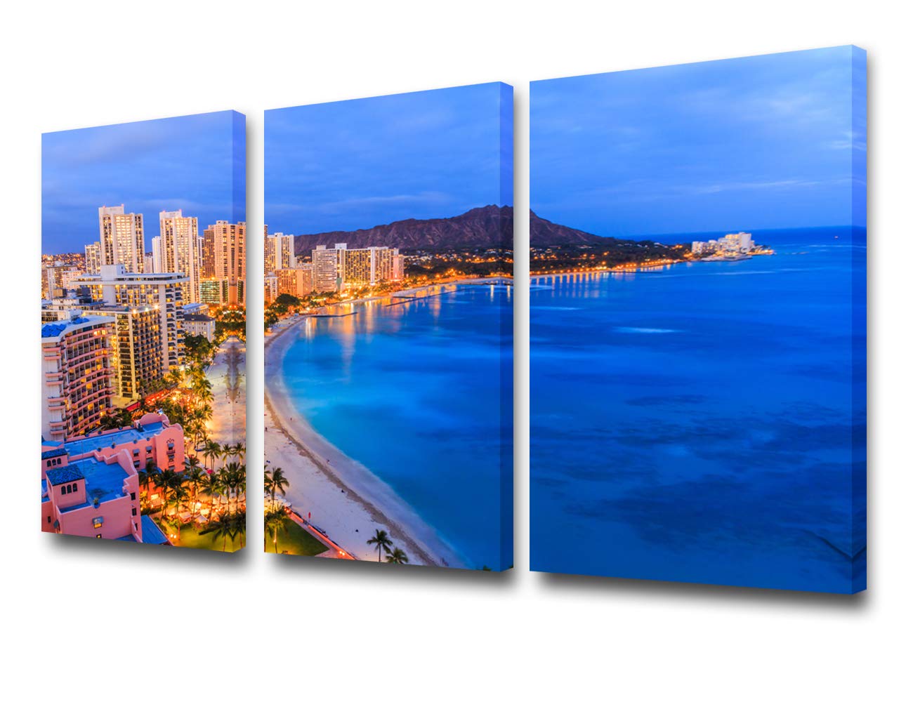 3 Pieces Skyline of Honolulu Canvas Print Wall Art Painting Sunrise from Diamond Head volcano Hawaii Landscape Picture Modern Giclee Stretched Framed Artwork Living Room - 24'' x 12'' x 3 Panels — image 1