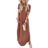ANRABESS Womens Summer Maxi Dress Short Sleeve Casual Loose Long T Shirt Dresses Split Vacation Beach Sundress Travel Outfits