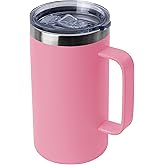 DOMICARE 24oz Mug with Handle and Lid, Stainless Steel Coffee Mug, Reusable Insulated Cup, Travel Mug with Handle, Double Wall Vacuum Coffee Tumbler for Men and Women, Pink, Pack 1