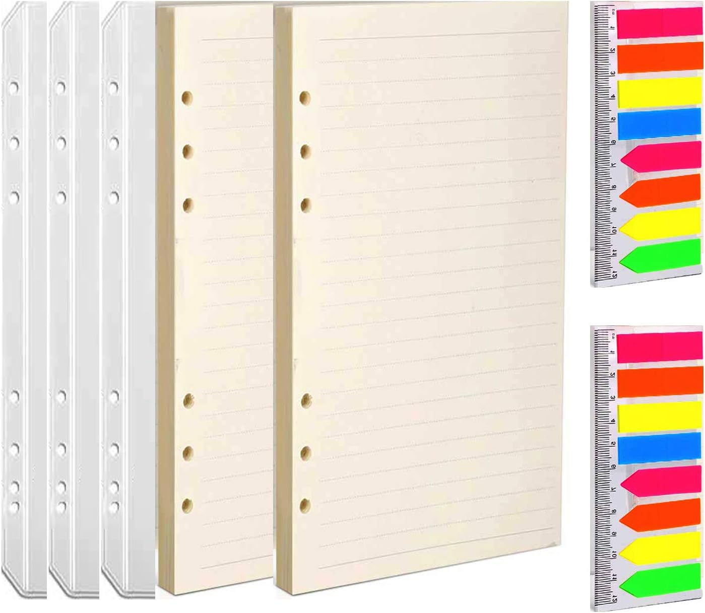2 Pack A5 Refill Paper & 3 Pieces A5 Loose-Leaf Pockets & 2 Pack 160 Pieces Index Tabs with Ruler， A5 6 Holes Refillable Craft Paper for 6-Ring Binder Leather Journal Notebooks.