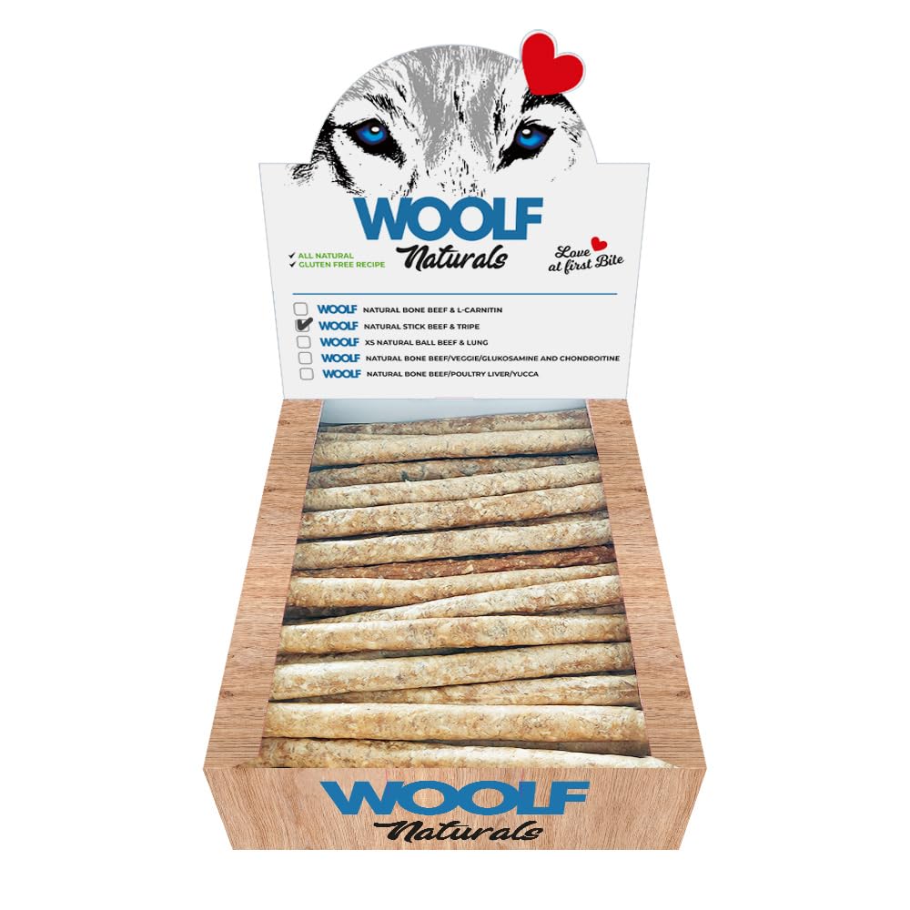 WOOLF Naturals Dog Treats - Gluten-Free and All-Natural Ingredients with Pro-Biotics. Ideal for Weight Control. Suitable for Dogs (Beef and Tripe, 50 Sticks)