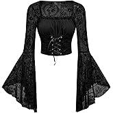 QJQ Women's Sheer Mesh Grunge Shirts Long Bell Sleeve Crewneck Going Out Lace Tops Elegant Goth Clothes