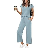 Saloogoe Two Piece Sets for Women Summer Outfits Lounge Sets V Neck Tops Wide Leg Pants Woman Vacation Travel Outfits