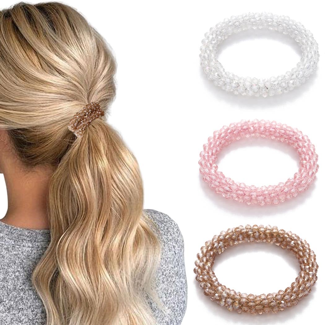 Generse Pearl Hair Ties Rhinestone Ponytail Holder Bead Set Hair Scrunchies Elastic Hair Bands Hair Accessories for Women and Girls(Pack of 3) (Striped B)
