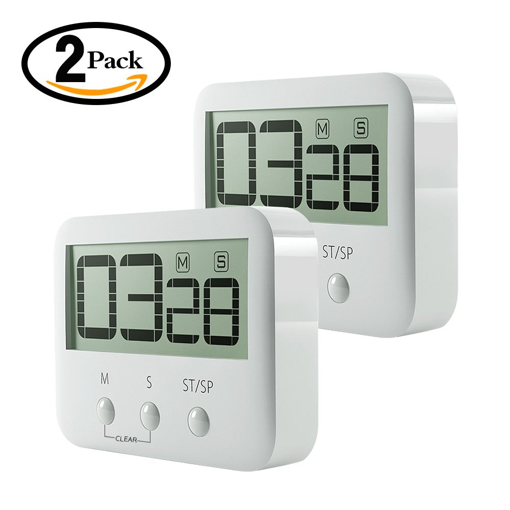 Digital Kitchen Timer, KROV Cooking Timer with Loud Alarm and Large LCD Display, Magnetic Backing Kitchen Countdown Timer for Cooking Baking Homework Sports Games (2 Pack, White)