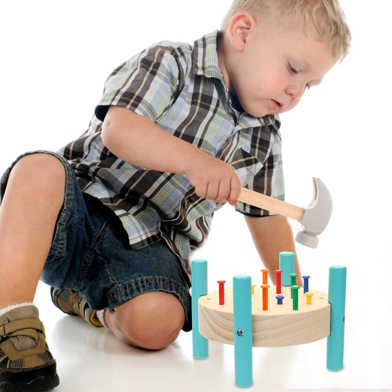 jojofuny Wooden Nailing Table Hammer Toy for Educational Baby Workbench with Bright Colours Hand-Eye Coordination Development Toy