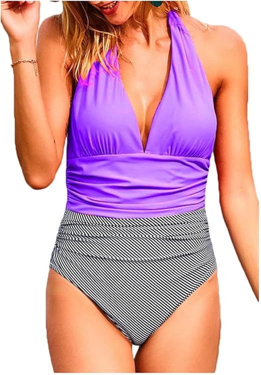 Amazon 女性のホルターネックワンピース水着シャーリングビーチウエアvネック背中の開いたストライプ水着 ワンピース 通販