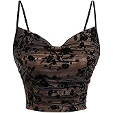 Milumia Women's Floral Mesh Cowl Neck Cami Top Spaghetti Straps Cropped Tops