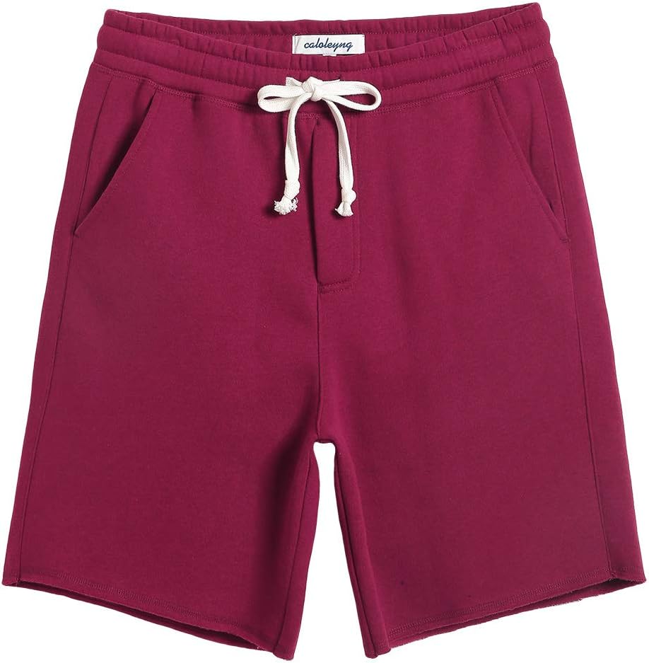 CALOLEYNG Mens Cotton 8" Long Casual Lounge Fleece Shorts Pockets Jogger Athletic Workout Gym Sweat Shorts Burgundy