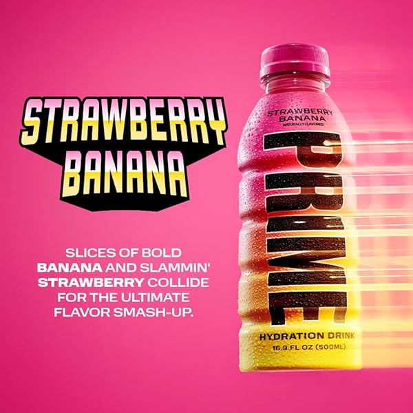 PRIME HYDRATION STRAWBERRY BANANA, SPORTS DRINKS, ELECTROLYTE ENHANCED FOR ULTIMATE HYDRATION, 250MG BCAAS, B VITAMINS, ANTIOXIDANTS, LOW SUGAR, 16.9 FL OZ, 12 PACK