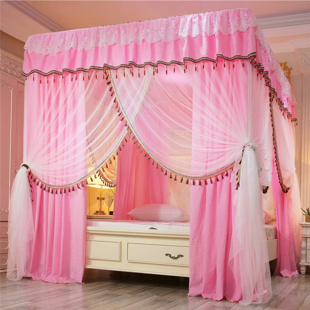 Obokidly Princess America Village Four Corner Post Bed Curtain Canopy with Mosquito Net Windproof Lightproof Bed Canopy for Girls Boys Kids Gift Home Bedroom Decoration (Pink, California King)