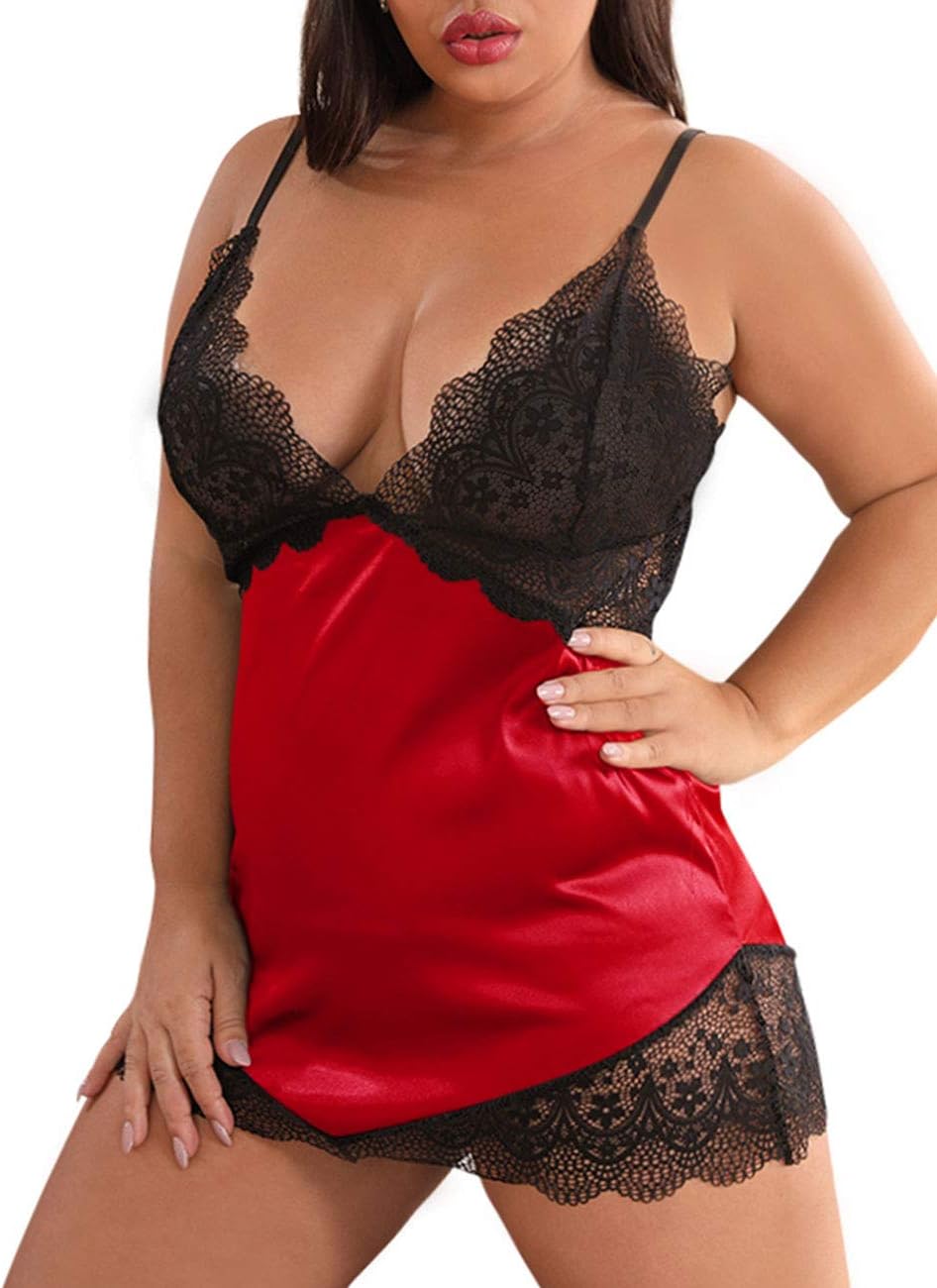 XAKALAKA Women Plus Size V Neck Lace Satin Lingerie Babydoll Silky Chemise Sleepwear