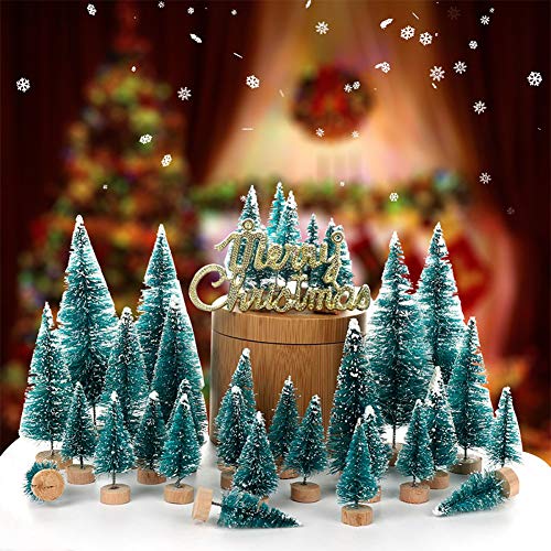 Orgrimmar 24 PCS Artificial Mini Christmas Trees Snow Frost Ornaments Bottle Brush Trees with Wooden Bases for Christmas Home Party Decoration, 6 Sizes