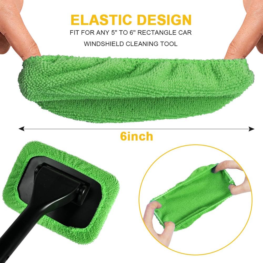 eFuncar Car Care Microfiber Cloths for Windshield Cleaning Tool, Windshield Cleanner Wand Replaceable Glass Cleaning Bonnets, Interior Auto Window Cleaner Washing Pads, Fit 5”, Green, 5 Pack: Automotive