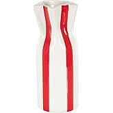 Deco 79 Ceramic Decorative Vase Round Centerpiece Vase with Red Vertical Stripes, Flower Vase for Home Decoration 5" x 5" x 12", White