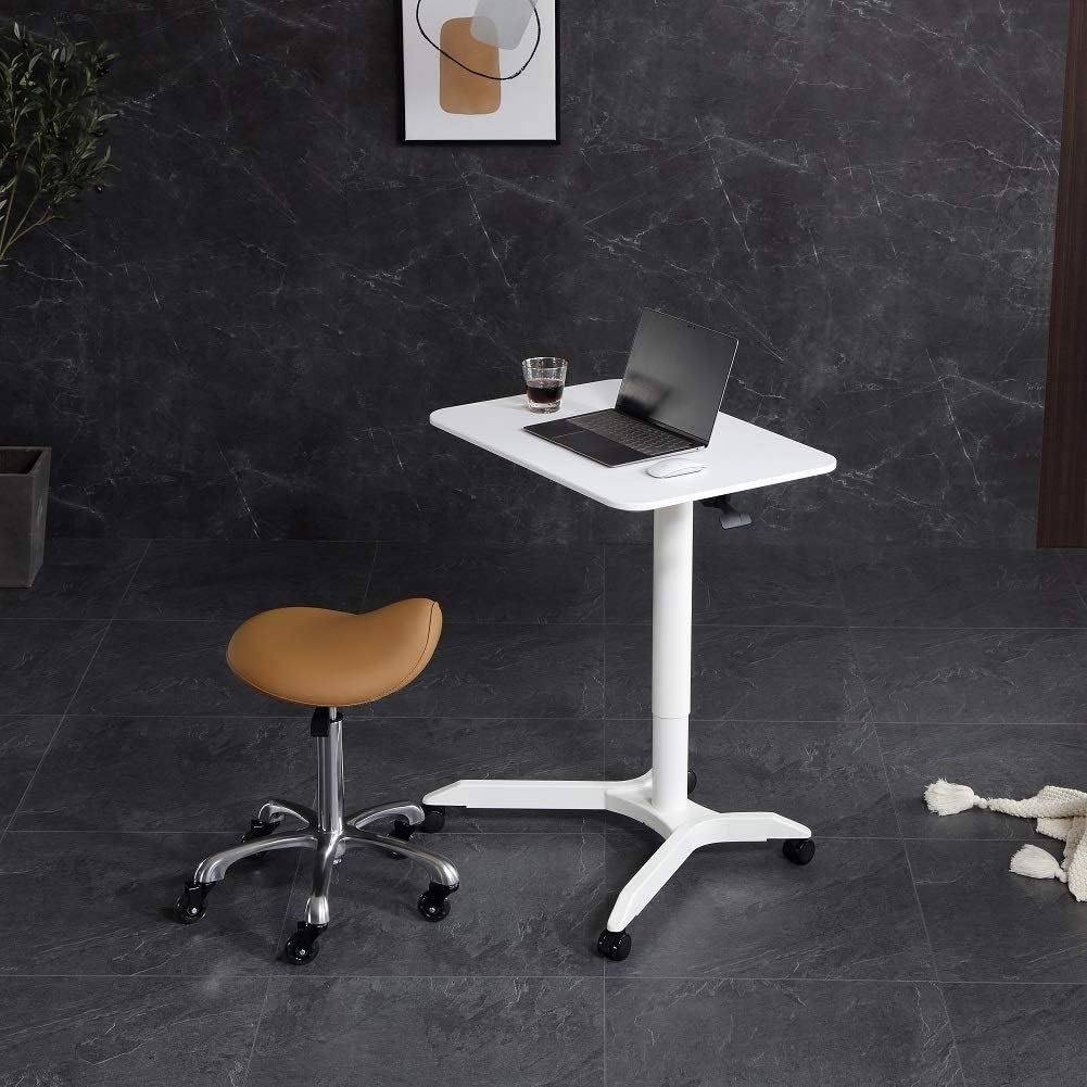 FRNIAMC Pneumatic Mobile Laptop Table Standing Desk Height Adjustable Rolling Sit-Stand Computer Cart with Wheels Heavy Duty Tray(White): Kitchen & Dining