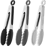 HINMAY Small Silicone Tongs 7-Inch Mini Serving Tongs, Set of 3 (Black Gray White)