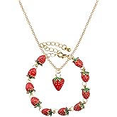 ownmysty Strawberry Necklace Bracelet Set, Christmas Gifts Stocking Stuffers for Women, Cute Fruit Charm Trendy Jewelry Gifts for Her, Birthday Anniversary Graduation Gifts for Women