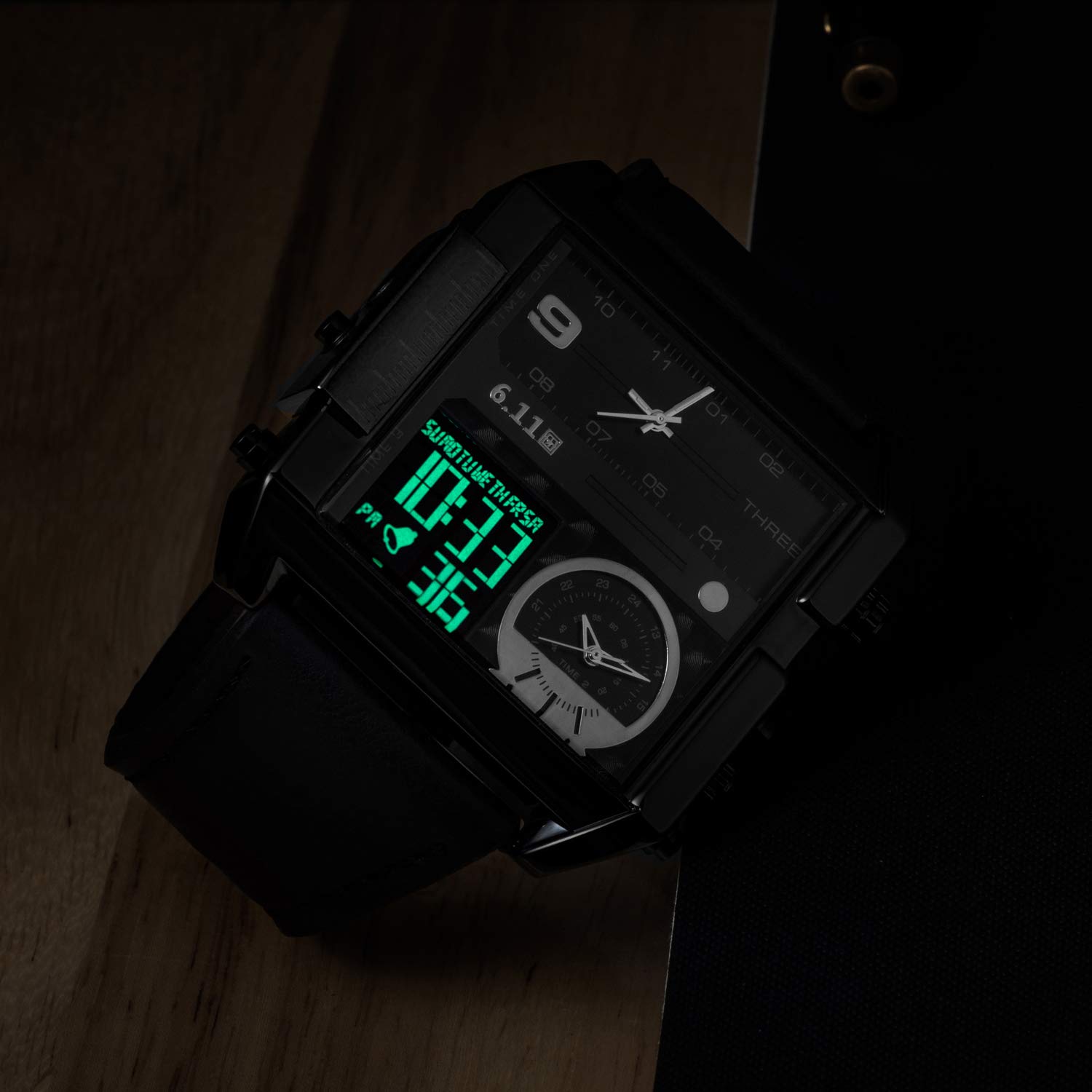 Sailine Multifunction Mens Soprt Watch Triple Movement 3 Time Zone with Genuine Leather Brand 30M Waterproof … (Black)