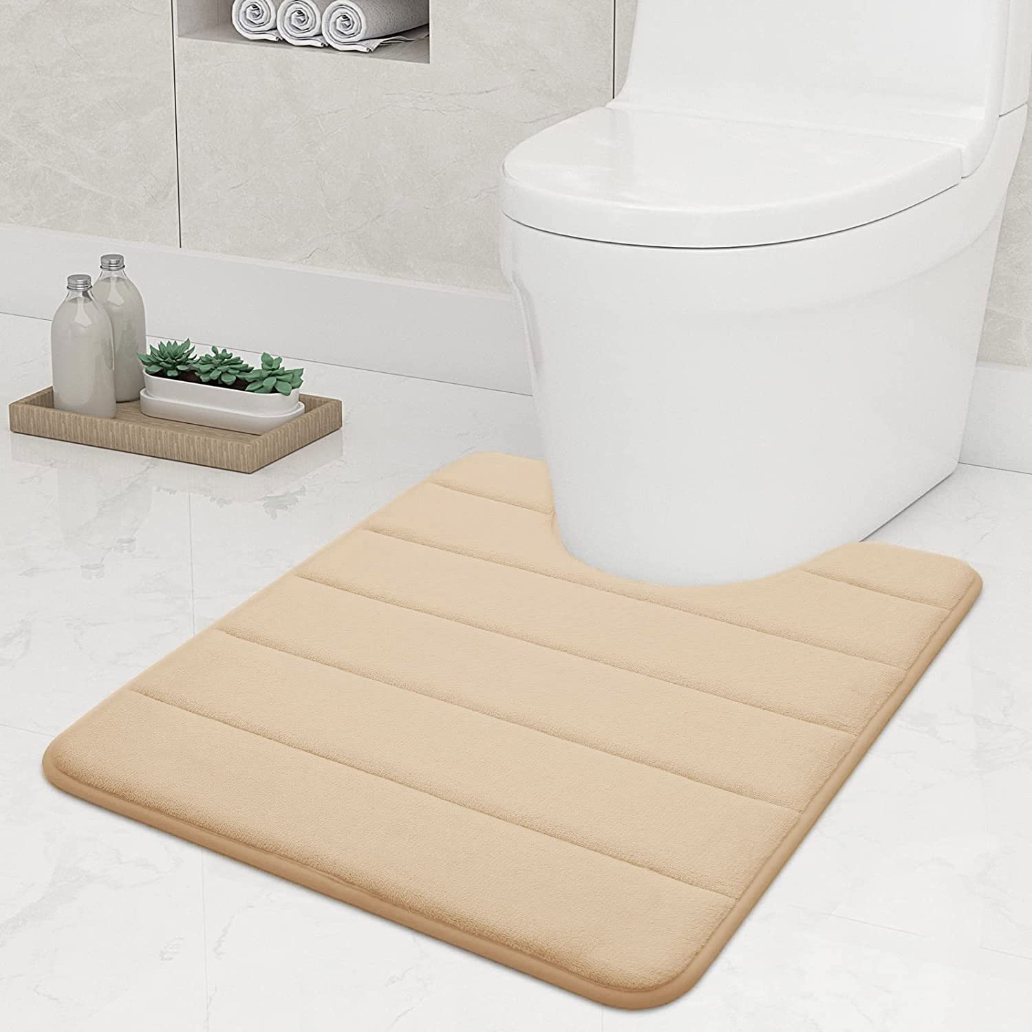 smiry Non-Slip Toilet Mat, Extra Soft U-Shape Pedestal Mat for Toilet, Ultra Absorbent Memory Foam Bathroom Toilet Mat for Floor, Machine-Washable Dry Pedestal Mat Only, 50 x 60 cm, Beige — image 1