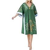Joiemont Womens Oversized Floral Embroidered Long Dress with V-Neck and 3/4 Sleeves Vintage Embroidery Babydoll Dress