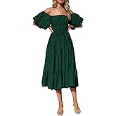 R.Vivimos Off-Shoulder Dresses for Women Summer Puff Sleeve Empire Waist Casual Ruffle A-Line Flowy Midi Dress with Belt