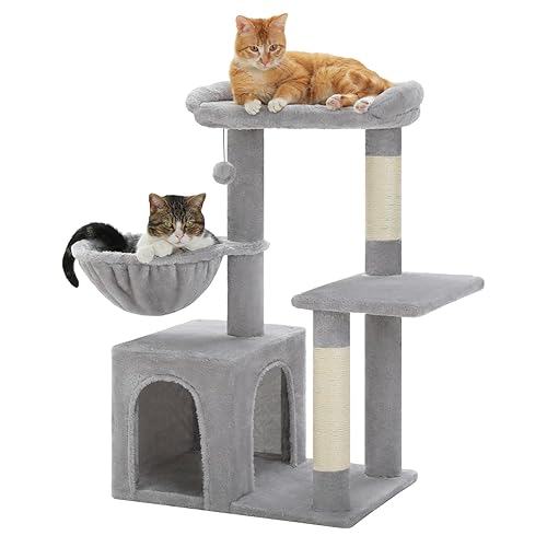 UYMI Cat Tree for Indoor Cats with Metal Frame Plush Hammock, 32" Cat Tower with Cozy Condo, Top Perch, Scratching Posts, and Replaceable Ball Toy, Pet Furniture for Small Cats & Kittens, Grey
