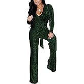 JTNFairy Sexy Sequin Jumpsuits for Women Plus Size Elegant Clubwear Sparkly High Waisted Wide Leg Pant Disco Outfits