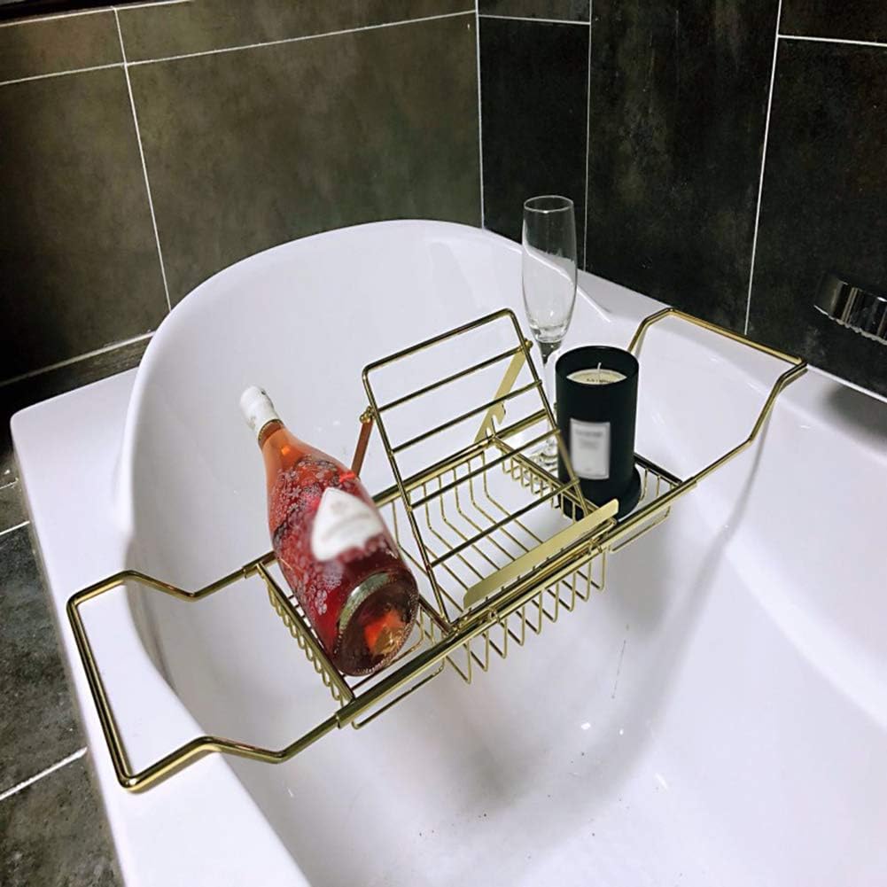 JIANGJIE Bathtub Caddy Tray 304 Stainless Steel - Over Bath Tub Racks Shower Organizer Waterproof Shower Reading Rack, Tablet Holder, Cellphone Tray and Wine Glass Holder (Gold)
