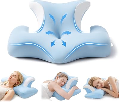 Nackenstützkissen aus Memory-Schaum – orthopädisches ergonomisches Schmetterlingskissen mit Ohrloch & Armauflage, Kopfkissen für Seitenschläfer, waschbarer Bezug, Himmelblau