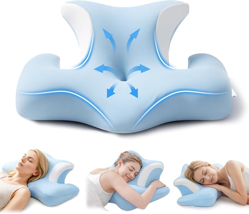 Nackenstützkissen aus Memory-Schaum – orthopädisches ergonomisches Schmetterlingskissen mit Ohrloch & Armauflage, Kopfkissen für Seitenschläfer, waschbarer Bezug, Himmelblau