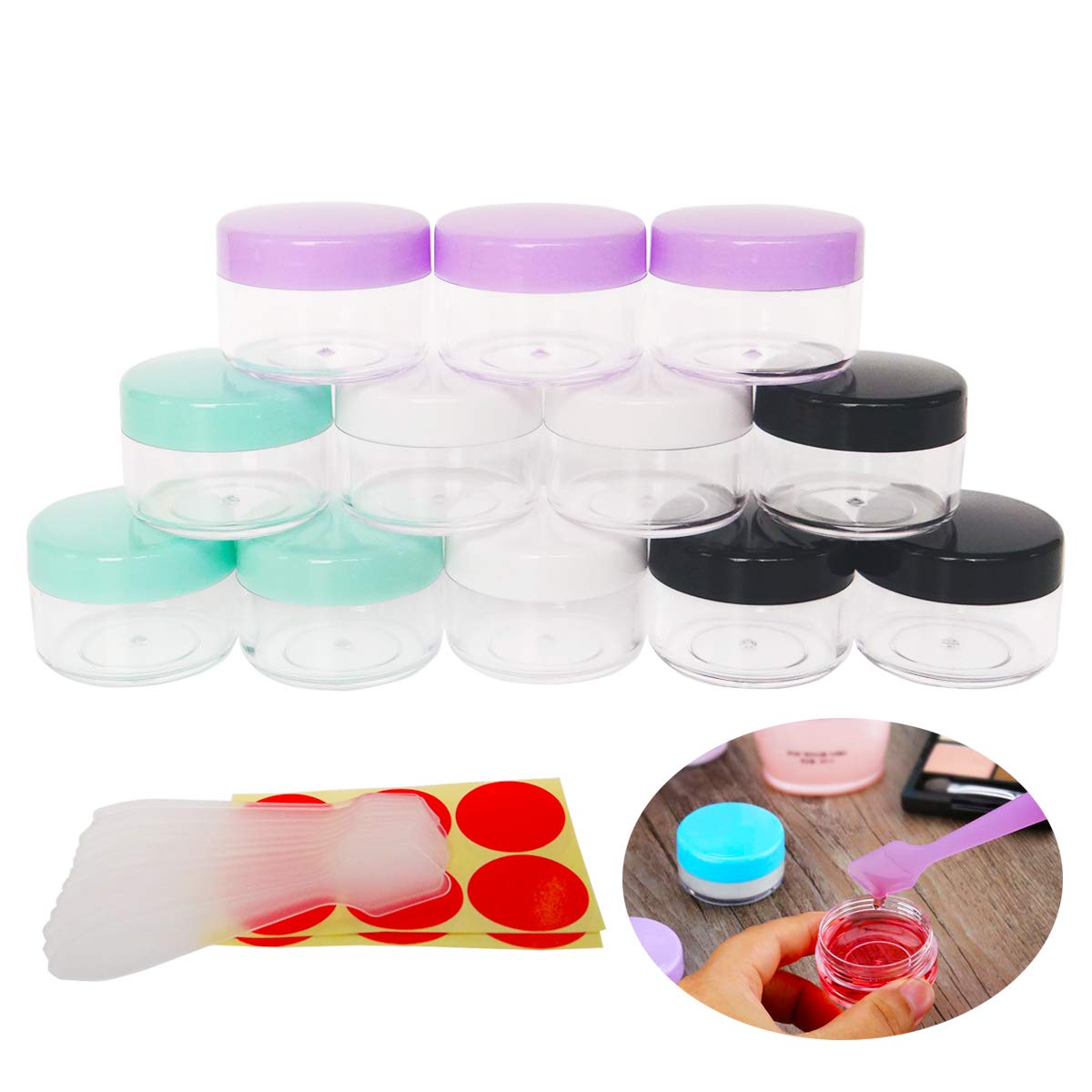 Wopanxye 12pcs 15ml Small Sample Jars, 15 Gram Empty Cosmetic Container, Travel Plastic Round Pot With Screw Cap Lid, Tiny 15g Bottle for Makeup Eye-shadow Nails Powder Jewelry Lip Gloss Balms Creams