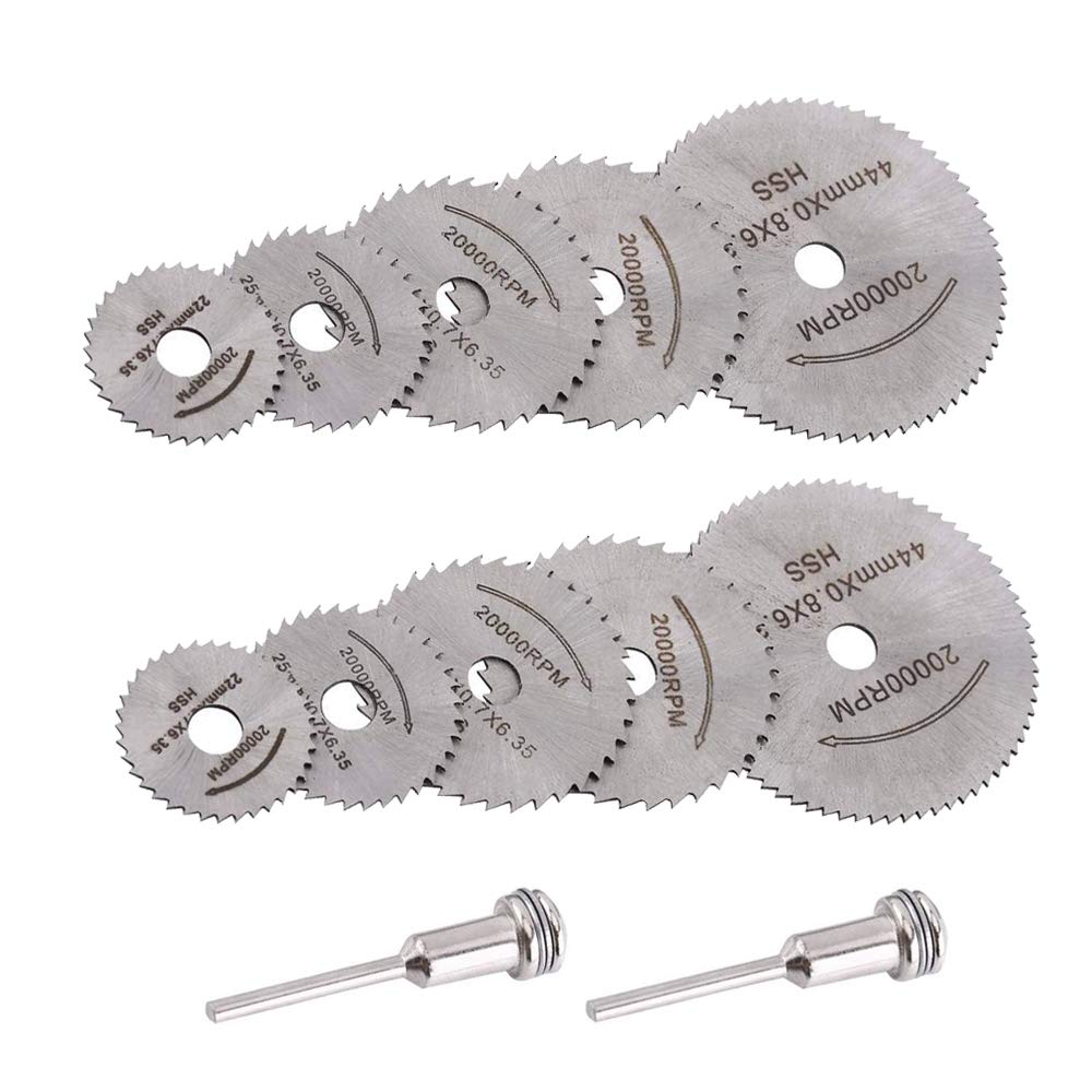 Saipor 12pcs/2Sets HSS Circular Wood Cutting Saw Blade Discs with 2pcs 1/8" Shank Extension Rod for Dremel Rotary tool Mandrel