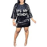 ALLUMK Women Sexy Glitter Sequin Shirts Dress Letter Graphic Print Half Sleeve Party Club Short Dress