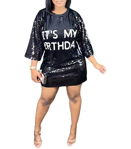 Fuiuwhs Its My Birthday Dress for Women Birthday Sequin Shirt Dress Loose Casual Sexy Nightclub Party T-Shirts Tops Dress Black S at Amazon Women's Clothing store