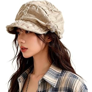 Washed Distressed Newsboy Hat for Women Slouchy Cabbie Beret Cap with Brim Oversized Baker Boy Hat Casual Octagonal Cap