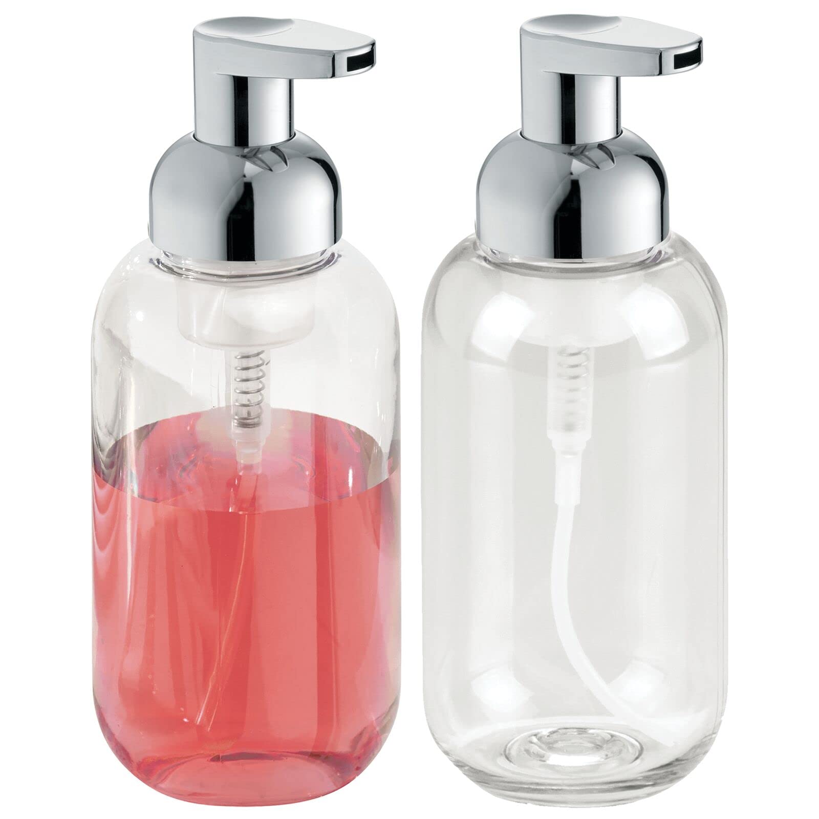 mDesign Set of 2 Refillable Soap Dispenser - Discreet Foaming Soap Dispenser - Chrome Soap Dispenser Bottle with Plastic Pump - Rust Free - Ideal for Kitchen or Bathroom - Clear/Chrome