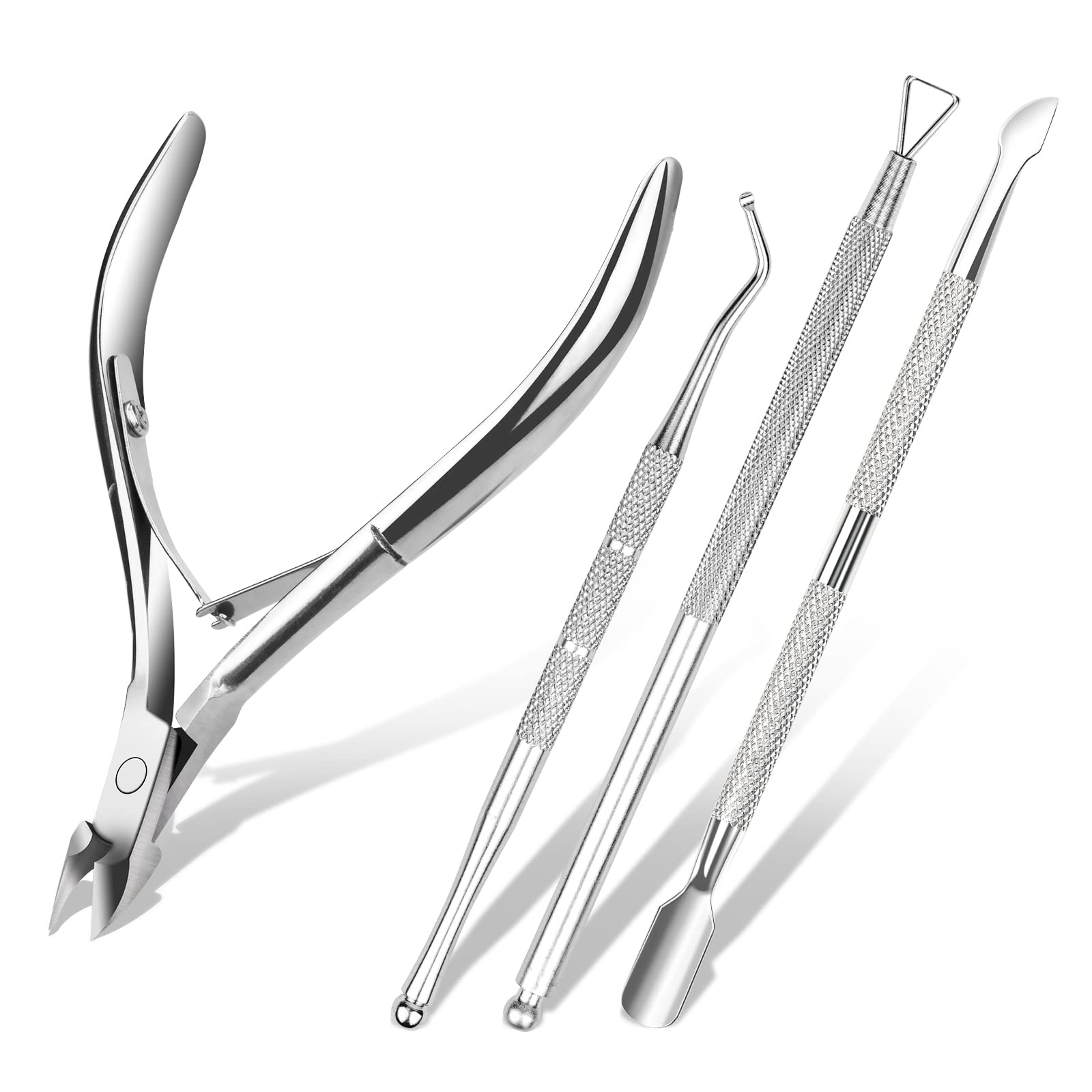 ACWOO Cuticle Nippers, 4 In 1 Cuticle Remover Scissors Cutters with Cuticle Pusher Manicure Tools, Heavy Duty Stainless Steel Cuticle Clippers, Nail Toenail Clippers for Repair Damaged Nails (Silver)