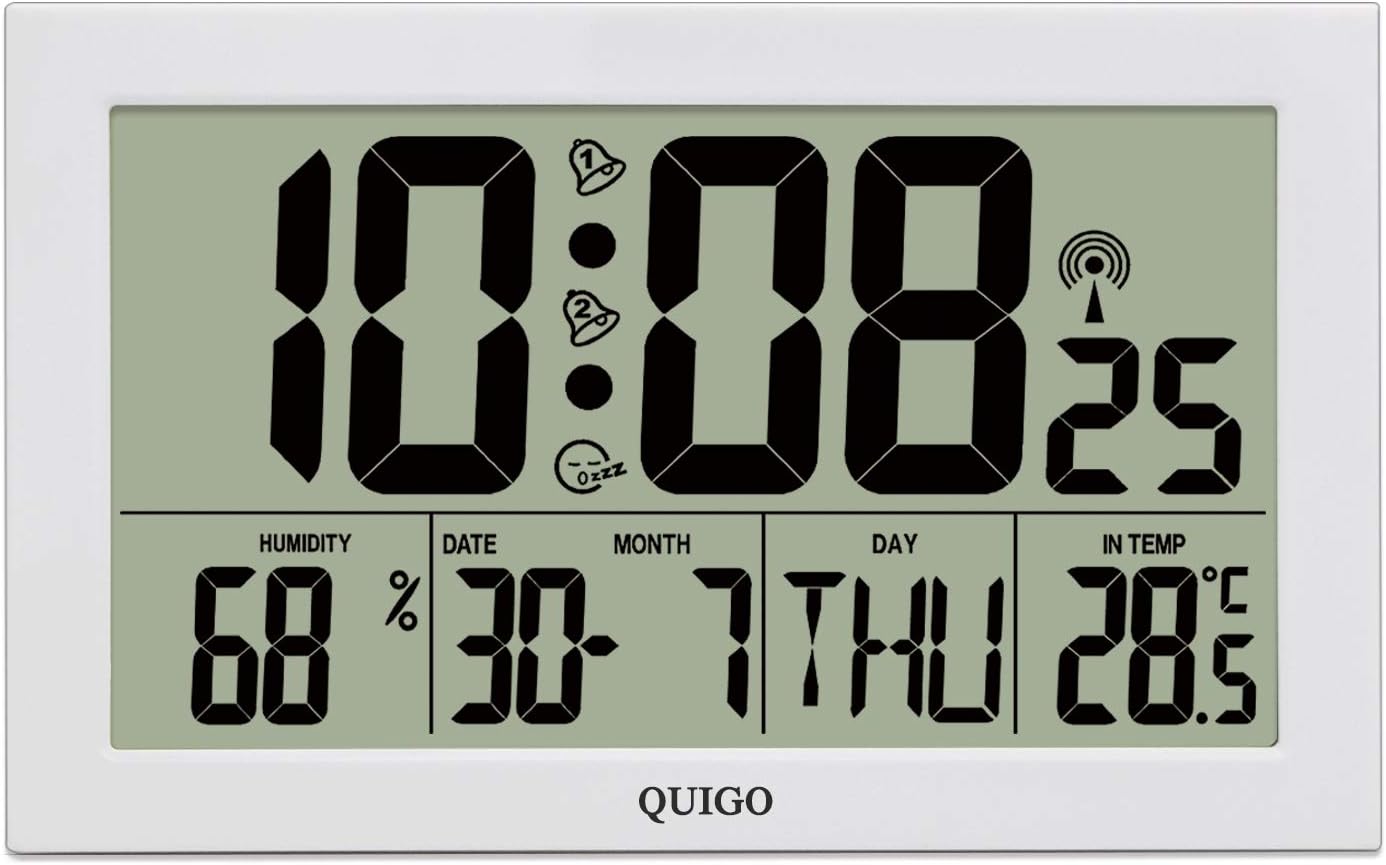 QUIGO Large Digital Wall Clock Radio Controlled Alarm Battery Operated