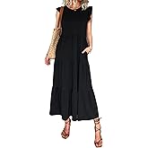 Mieazom Women's Summer Sleeveless Maxi Dress Ruffle Sleeve Crewneck Tiered Flowy Pleated Casual A Line Sundress with Pockets