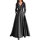 Caodip Satin Sequin Mother of The Bride Dresses for Women V Neck Elegant Long Sleeve Sparkly A Line Evening Party Dress