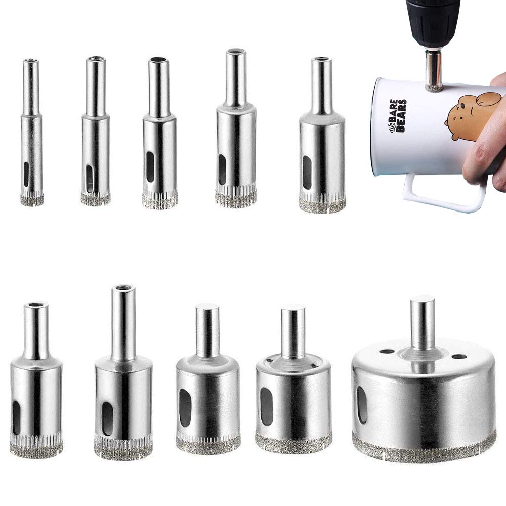 10 Pieces Hole Saw Diamond Drill Bit, Hole Saw Drill Bit for Marble Tile, Durable Silver Iron Diameter 8 mm - 50 mm Diamond Coated Core for Glass, Ceramic, Porcelain, Tile, Marble (10 Sizes)