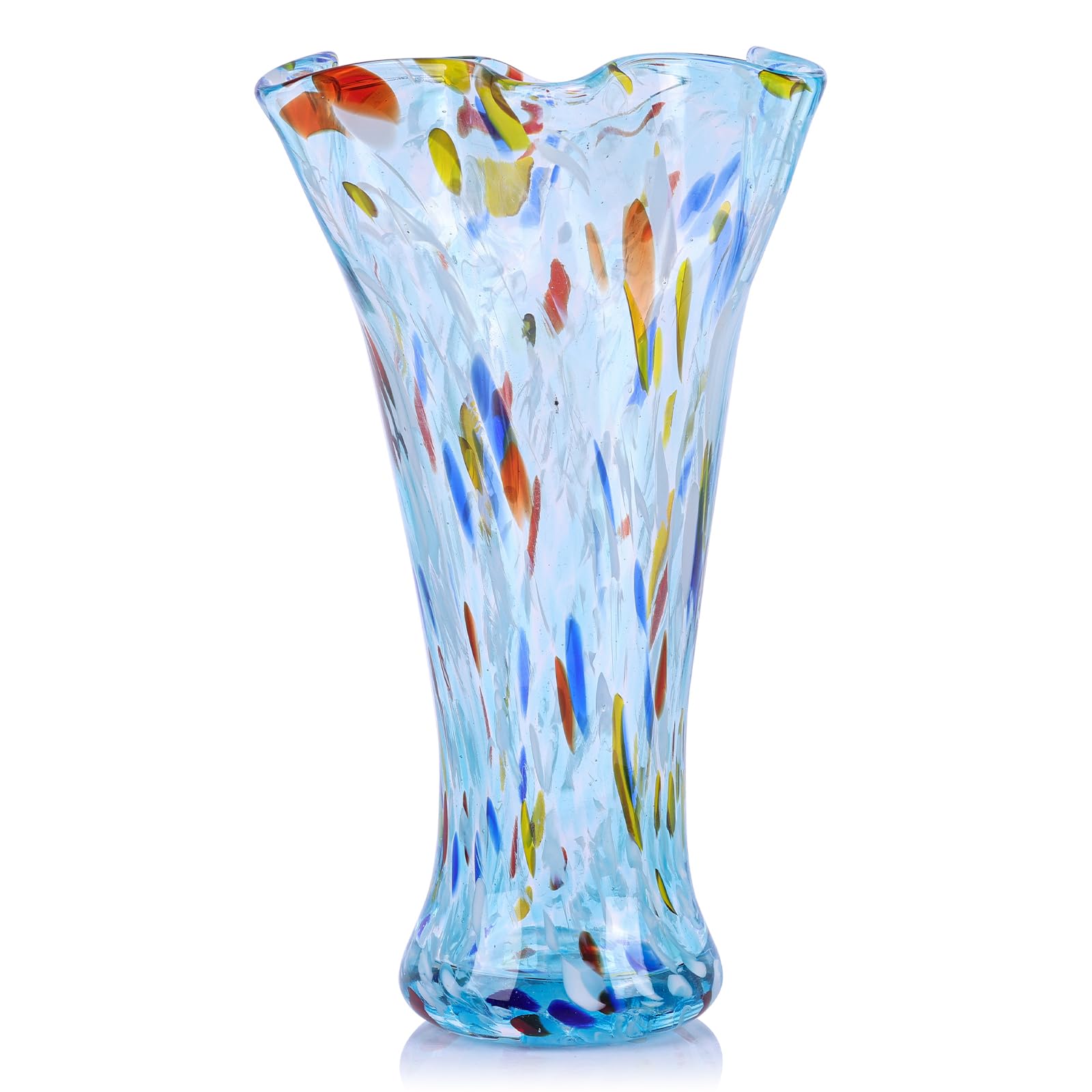 Photo 1 of 9.0" H Aqua Glass Vases for Flowers, Unique Hand Blown Glass Vase Aqua Home Decor, Wide Mouth Colorful Flower Vase Centerpieces, for Living Room Table Bookshelf, Bathroom Office Shelf Decorative