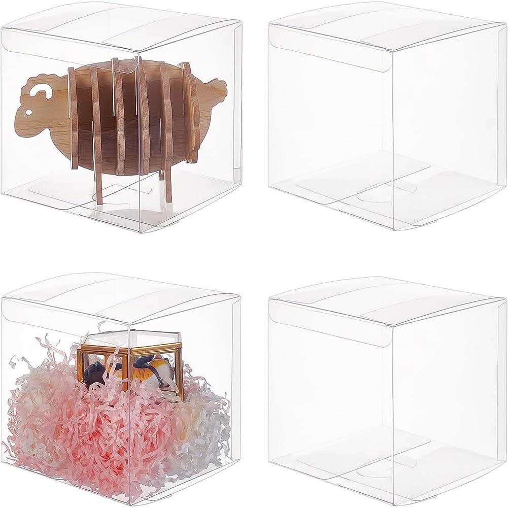 BENECREAT 10PCS 12x12x12cm Clear Cube Wedding Favour Boxes with Protective Film, Large PVC Transparent Square Gift Boxes for Party Gift Candy Birthday Cake