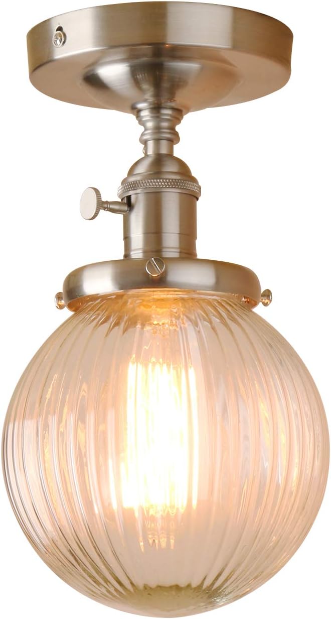 Pathson Industrial Modern Vintage Retro Flush Mount Ceiling Pendant Light Fittings Loft Bar Kitchen Island Lamp Fixture Chandelier With Ribbed Globe Clear Glass Light Shade Brushed Amazoncouk Kitchen Home