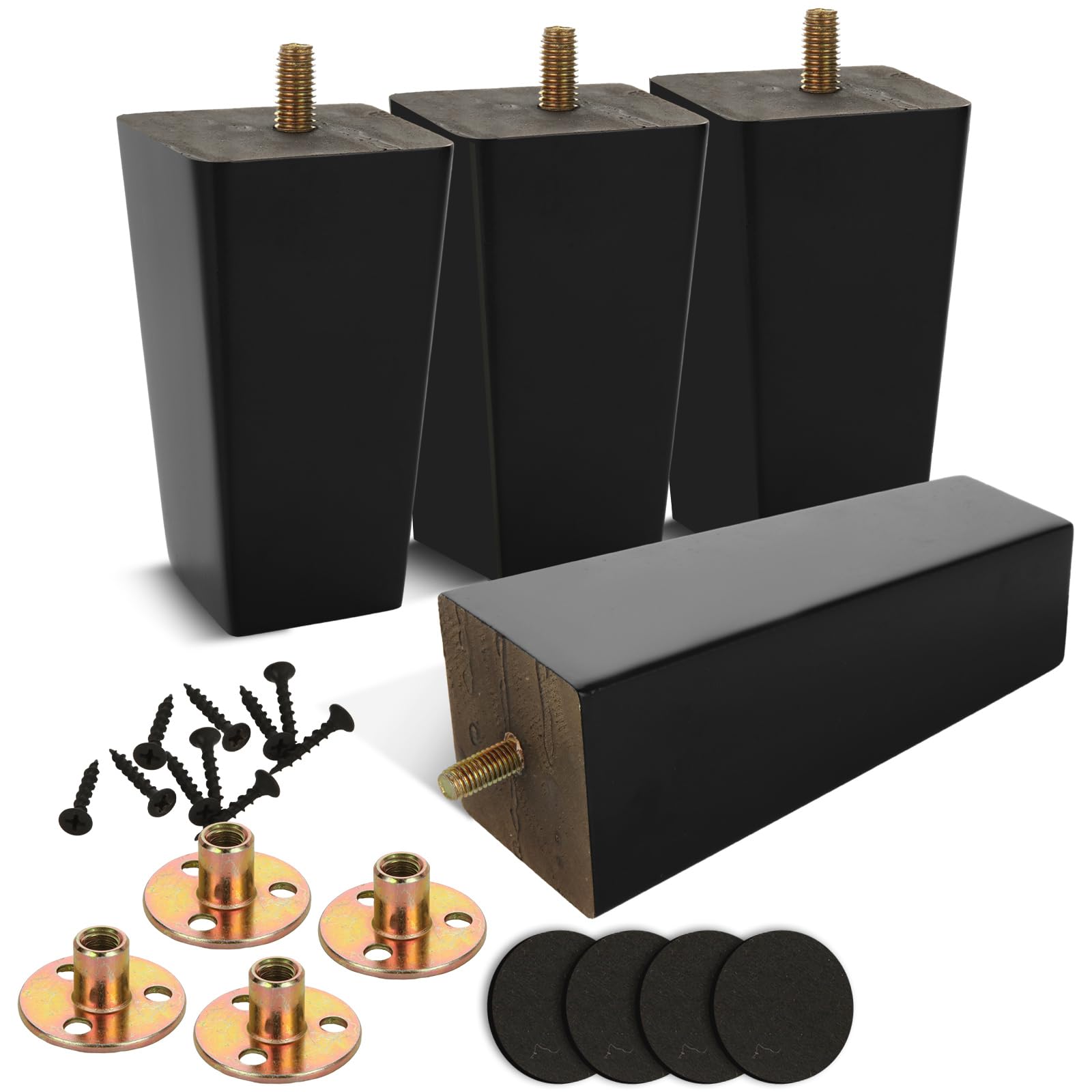 MUXHEL Sofa Legs Set of 4, 15 cm Sofa Feet Wooden Furniture Legs, Replacement Sofa Legs Solid Wood Furniture Legs M8 Bolt with Mounting Plate & Screws for Couch Armchair Dresser-Black