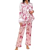 SWOMOG Womens Long Sleeve Pajamas Set 2 Piece Silk Button Down Pjs with Pants Floral Printed Classic Soft Loungewear
