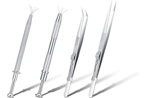 DRAGONFLYDREAMS Tweezers, 4 Pack Diamond Stone Jewelers Tools Stainless Steel 4-Claw Pick up Tool for Small Parts Pickup - Tweezers Fine Point Tip Straight Tweezer and Locking Curved Tip Precision Tweezer